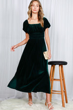 Load image into Gallery viewer, PUFF SHORT SLEEVE SMOCKED VELVET DRESS
