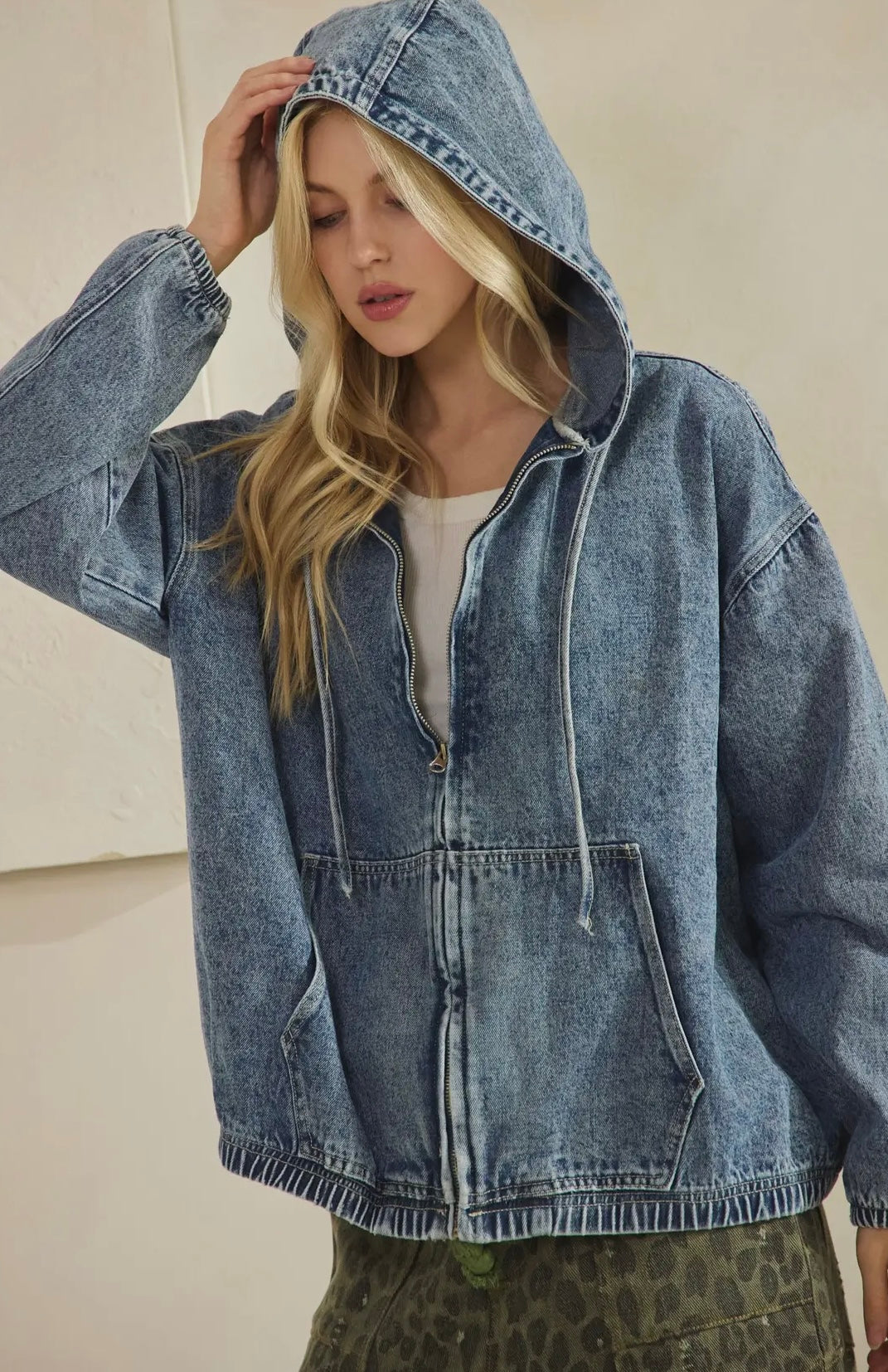 Vintage Wash Denim Zip Up Hoodie