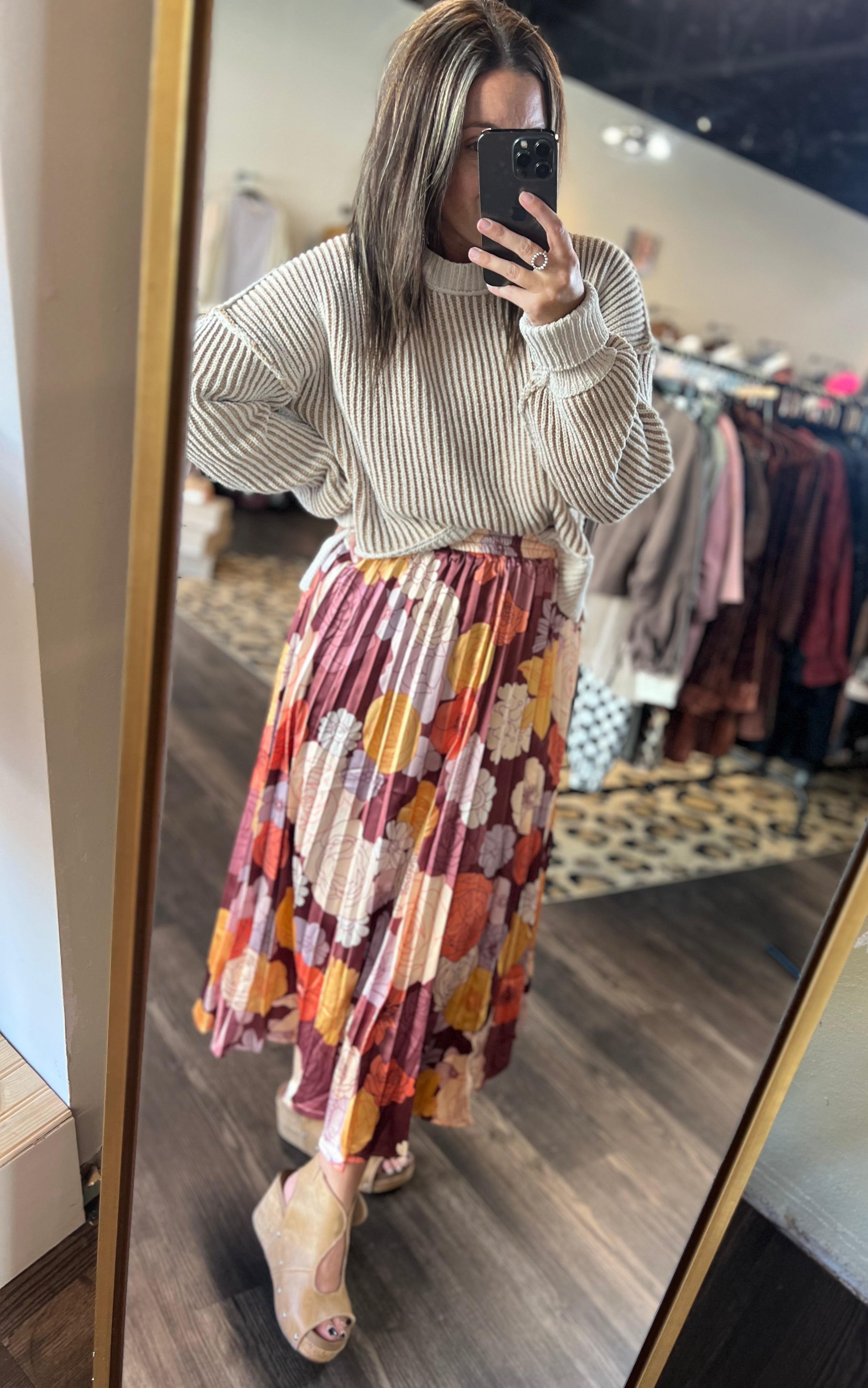 Satin Like Floral Pleated Maxi Skirt