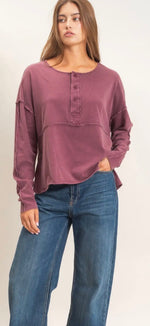 Load image into Gallery viewer, Double Zero ~ Oversized Henley Top with Raw Edges              Colors: Dark Cherry or Charcoal Black
