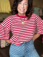 Load image into Gallery viewer, Vine &amp; Love Pleated Flutter Sleeve Crew Neck Striped Knit Top
