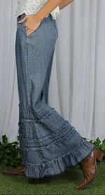 Load image into Gallery viewer, Vine &amp; Love ~ Flared Ruffle Hem Washed Chambray Crop Denim Pants
