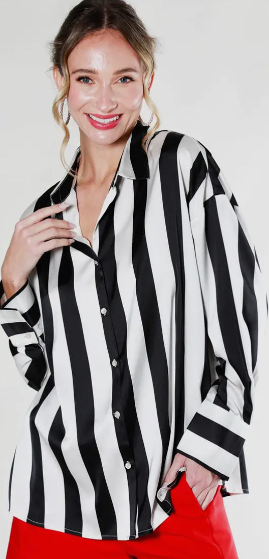 Vine & Love Collared Striped Printed Satin Shirt