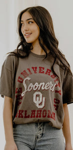 LivyLu Oklahoma Sooners Draft Charcoal Thrifted Tee *LICENSED