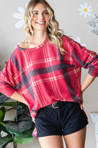 Red Oversized Brushed Knit Plaid Top