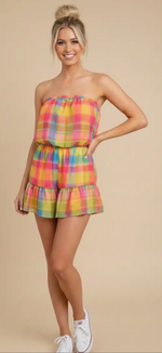 Load image into Gallery viewer, J.NNA ~ Sunset Plaid Strapless Romper
