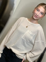 Load image into Gallery viewer, Cream Waffle Knit Long Sleeve Pocket Top
