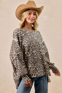 Leopard Print Oversized Waffle Thermal Top