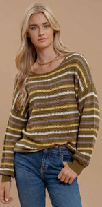 Blu Pepper Olive Multicolor Stripe Crochet Knit Sweater