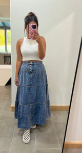 Risen Tiered Denim Maxi Skirt