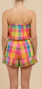 Load image into Gallery viewer, J.NNA ~ Sunset Plaid Strapless Romper
