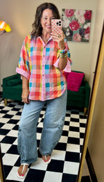 Load image into Gallery viewer, Rainbow Checked Button Down Blouse
