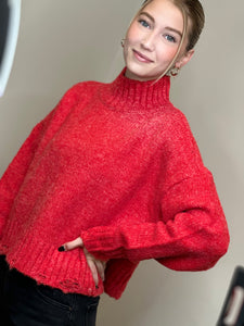 Red Mock Neck Cozy Sweater Top