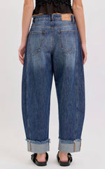 Load image into Gallery viewer, Cello Dark Mid Waisted Barrel W/Raw Hem
