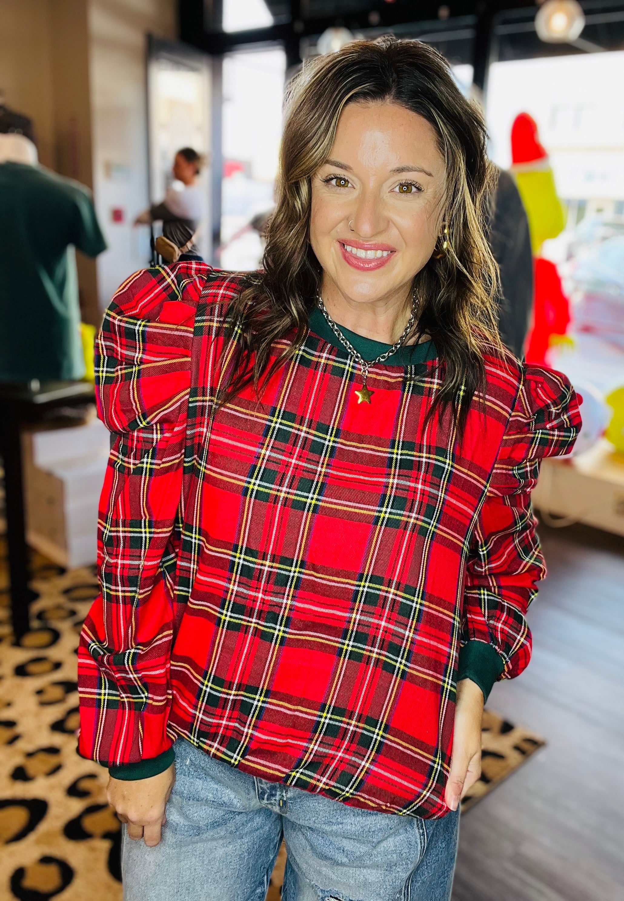 Christmas Plaid Exaggerated Sleeves Top