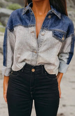 Load image into Gallery viewer, Aapparella Color Block Raw Hem Denim Jacket
