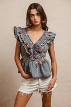Washed Floral Pleated Denim Top