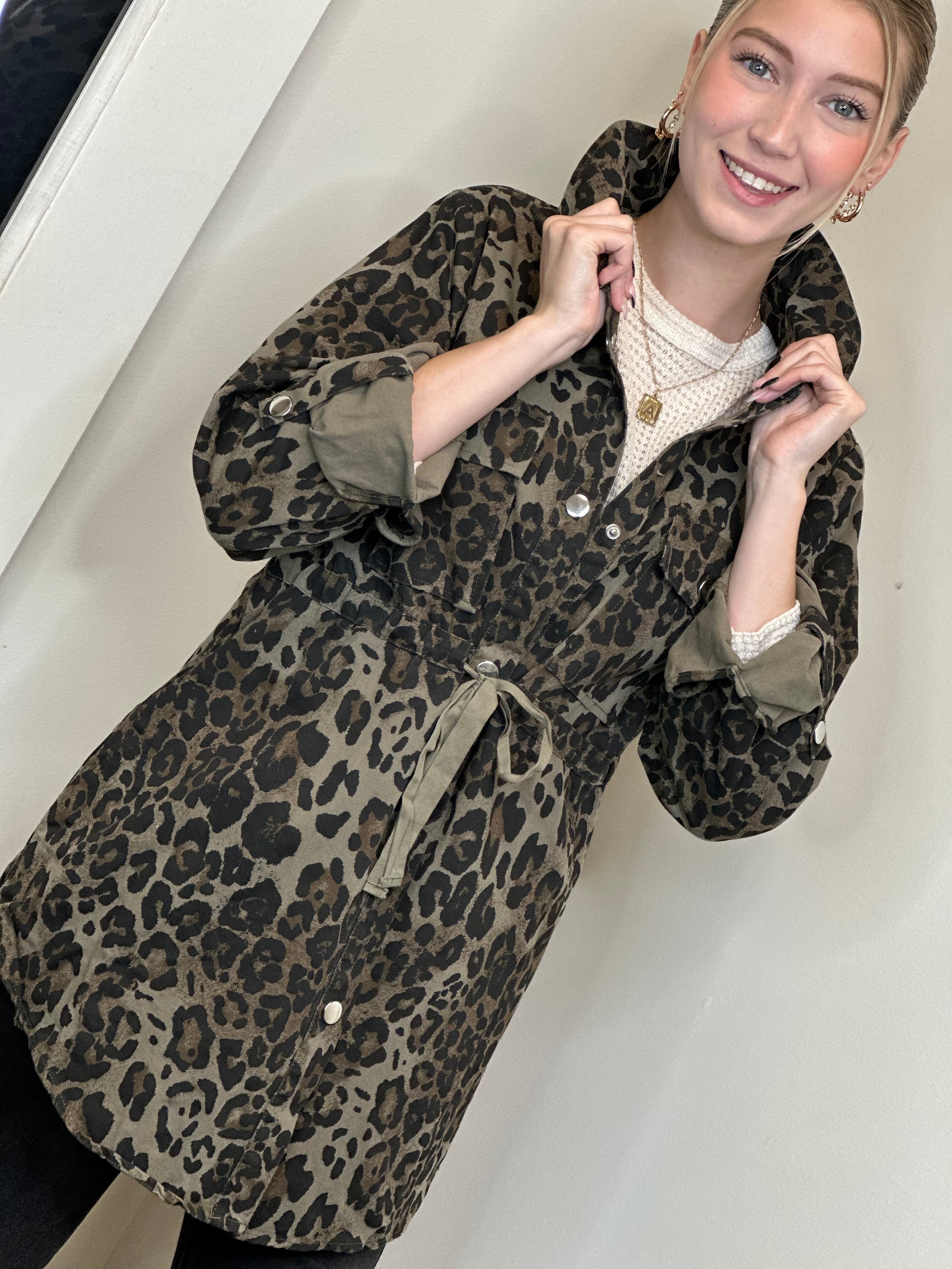 Olive Leopard Print Button Up Jacket