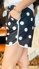 Load image into Gallery viewer, STERLING KREEK ~ BLACK POLKA
DOT POSIE SHORTS- LONG INSEAM
