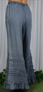 Load image into Gallery viewer, Vine &amp; Love ~ Flared Ruffle Hem Washed Chambray Crop Denim Pants
