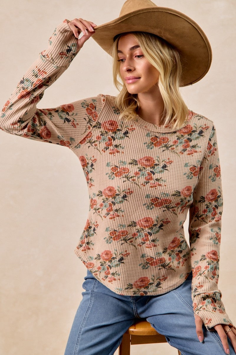 Bibi Floral Print Washed Waffle Thermal W/Thumb Detail