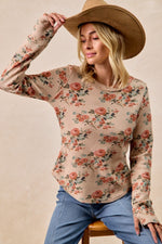Load image into Gallery viewer, Bibi Floral Print Washed Waffle Thermal W/Thumb Detail

