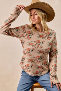 Bibi Floral Print Washed Waffle Thermal W/Thumb Detail