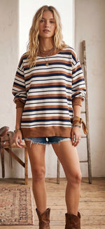 Load image into Gallery viewer, Sewn and Seen ~ Oversized French Terry Striped Sweatshirt. Camel/ Navy/ Cream
