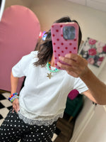 Load image into Gallery viewer, Cropped Boxy Tee Satin Polka Dot W/Lace Hem
