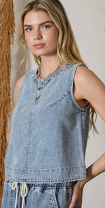 Load image into Gallery viewer, Washed Denim Back Button Top
