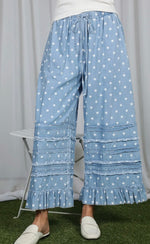Load image into Gallery viewer, Vine &amp; Love Polka Dot Flared Ruffle Denim Pant
