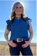 Load image into Gallery viewer, STERLING KREEK ~ BABYDOLL TOP DENIM - DARK WASH
