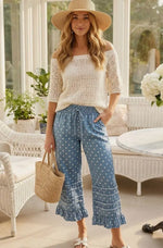 Load image into Gallery viewer, Vine &amp; Love Polka Dot Flared Ruffle Denim Pant
