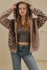 Load image into Gallery viewer, Mello ~ Zip Up Hooded Sweatshirt with Leopard Print

