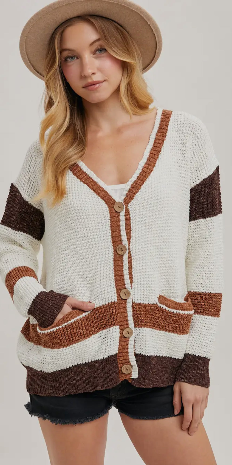 Color Block Button Down Knit
Sweater Cardigan