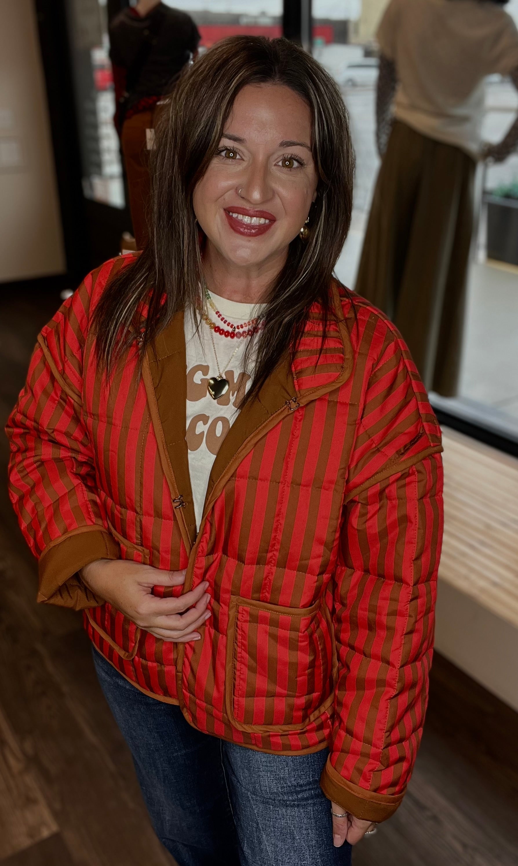 Red and Brown Striped Quilted Jacket