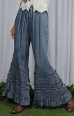 Load image into Gallery viewer, Vine &amp; Love ~ Flared Ruffle Hem Washed Chambray Crop Denim Pants
