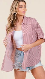 Load image into Gallery viewer, Sewn and Seen ~ Oversized Short Short Sleeve Button Down Shirt
