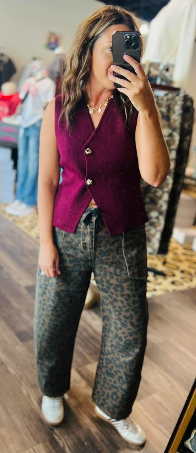 Wine Sweater Vest W/Gold Buttons