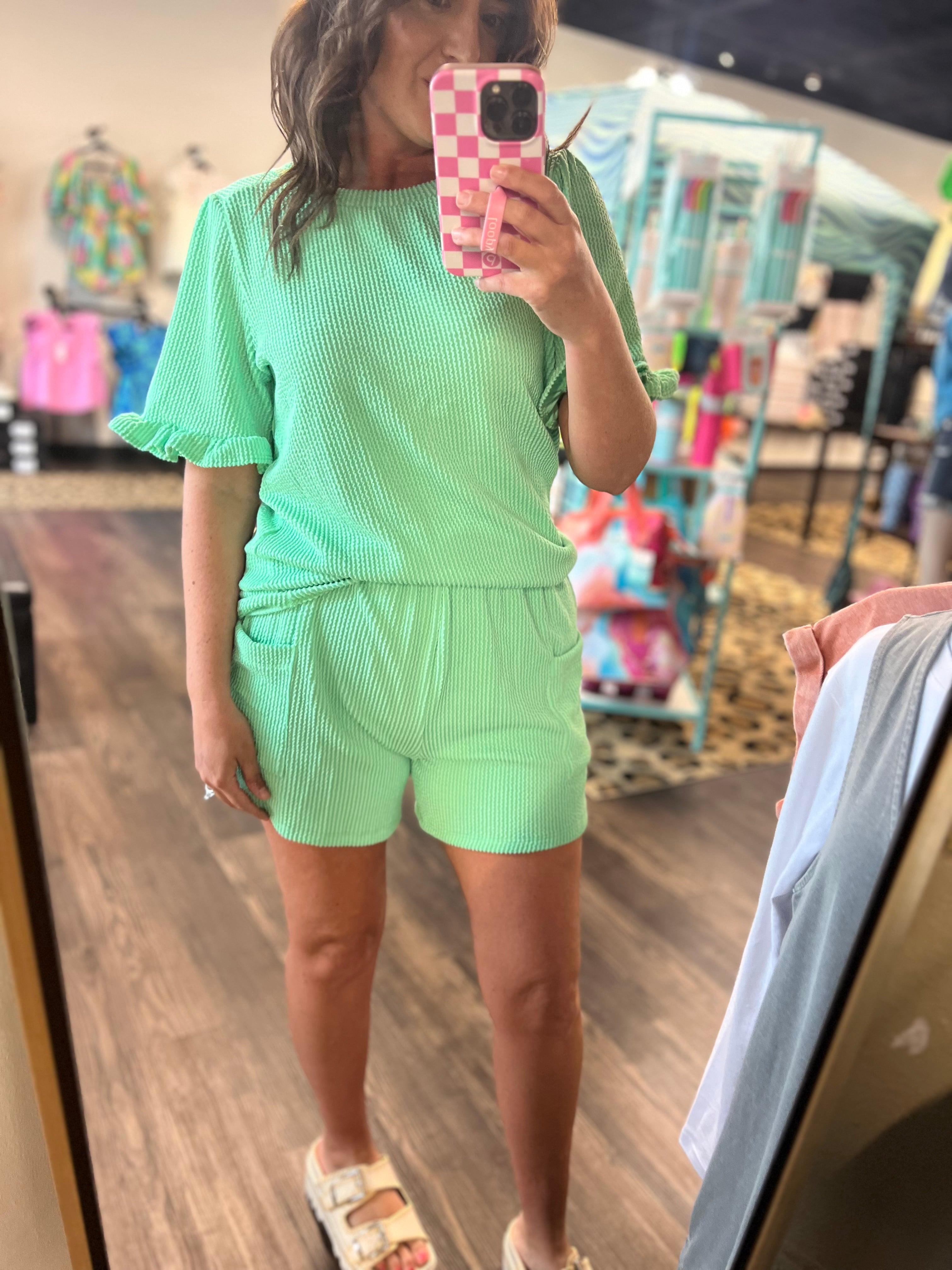 Stylive LT Green Curly Rib Short Sleeve Top