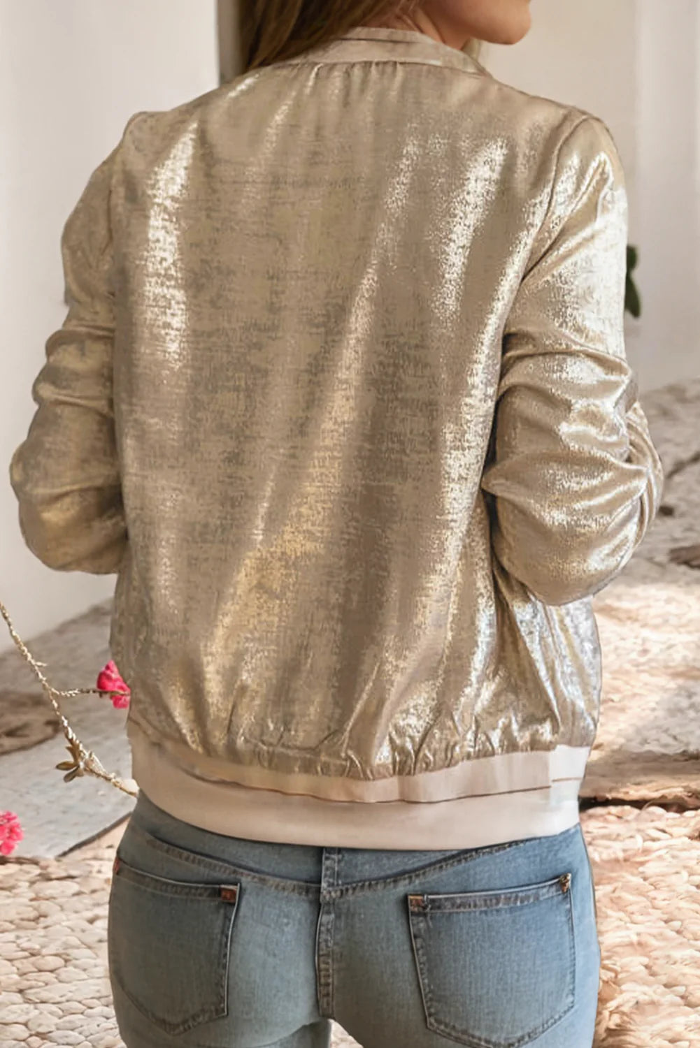 Khaki Metallic Zip Up Baseball Jacket