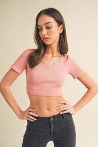 Yelete Dusty Rose Ribbed Short Sleeve Top