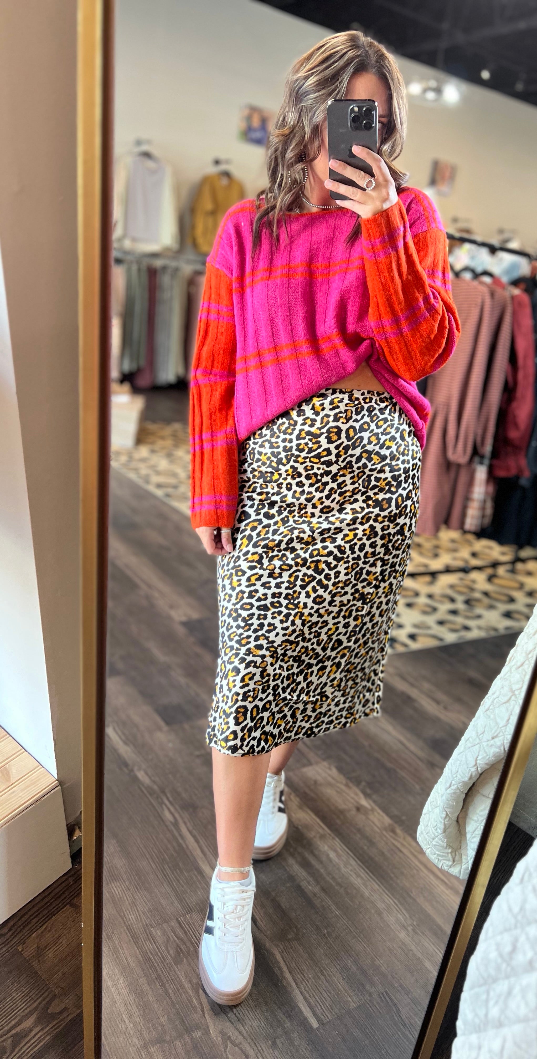 Leopard Satin Midi Skirt