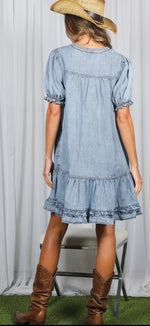 Load image into Gallery viewer, Vine &amp; Love ~ V-Neck Ruffle Hem 100%Tencel Chambray Midi Dress

