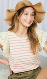 Load image into Gallery viewer, Vine &amp; Love Lace Flutter Sleeve Stripe Top
