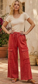 Load image into Gallery viewer, Sewn &amp; Seen ~ Mineral Washed Terry Cargo Pants Colors: Red, Black or Taupe
