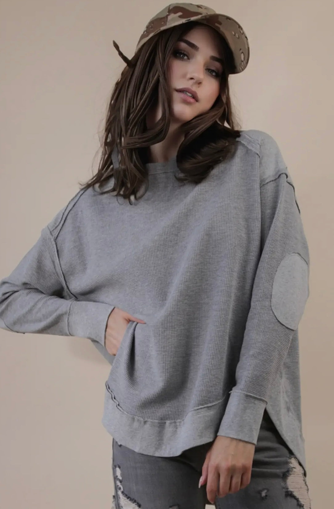 Mineral Washed Elbow Patch Contrast Knit Top