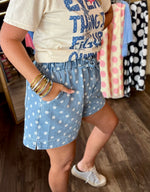 Load image into Gallery viewer, High Rise Paper Bag Polka Dot Denim Shorts
