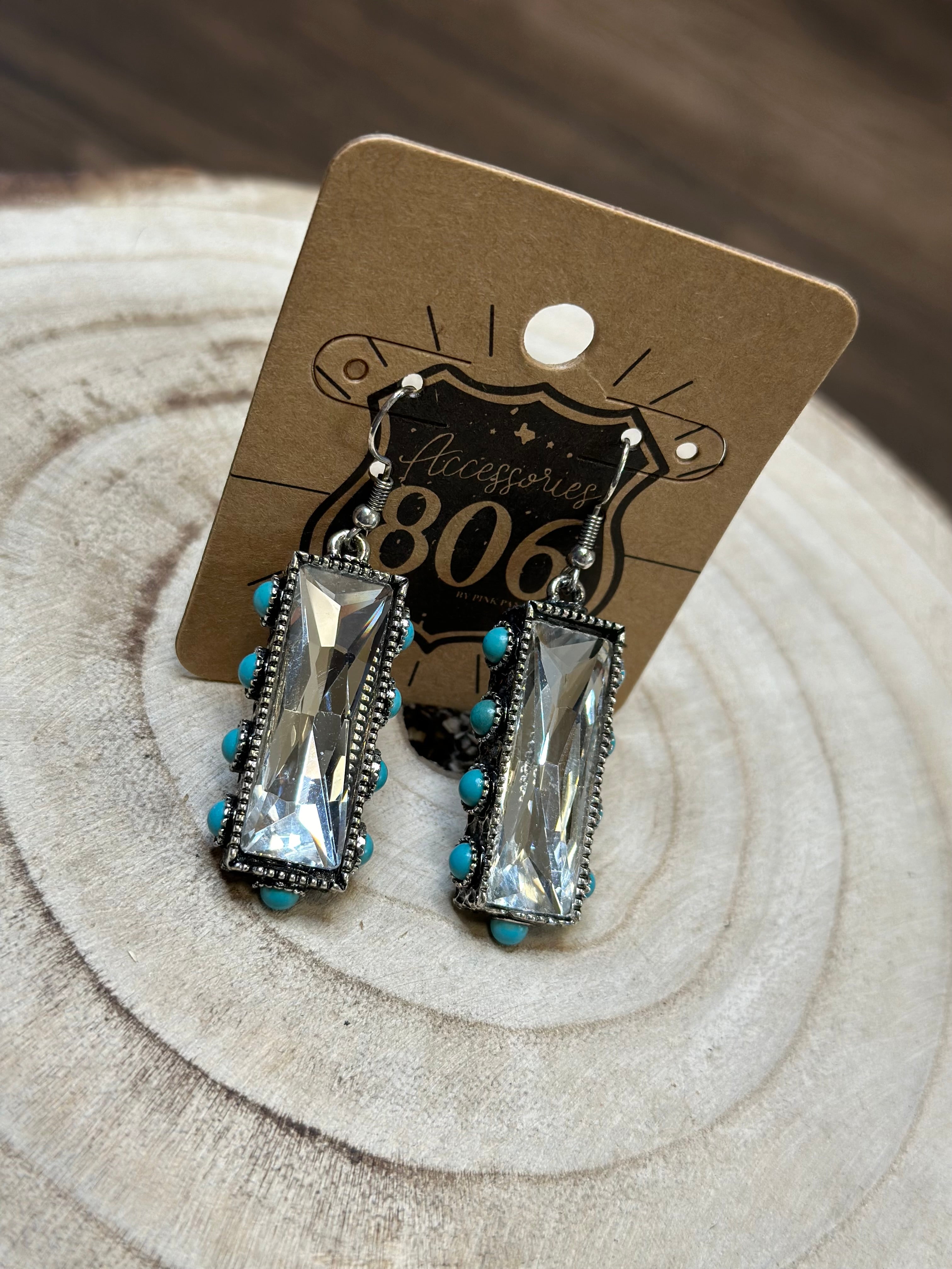 806 Rectangle Crystal w/Turquoise Ear Rings