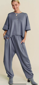 Load image into Gallery viewer, DAVI &amp;DANI SOLID FLOWY TOP WITH ELASTIC WAIST BAND
2 pc PANTS SET ~ BUTTER SOFT WASHED DENIM BLUE
